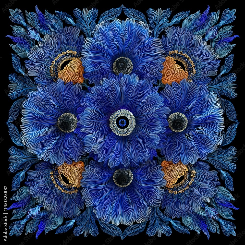Vibrant blue floral arrangement, intricate details on a dark background.