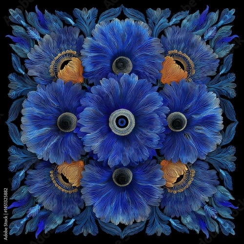 Obraz na płótnie Vibrant blue floral arrangement, intricate details on a dark background. w salonie