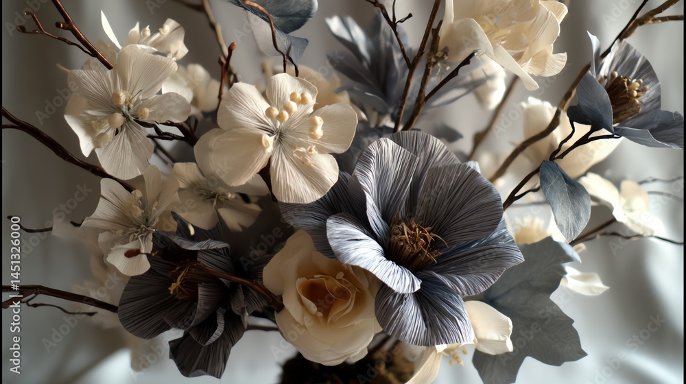 Beautiful floral arrangement with white and gray flowers, isolated on soft background.