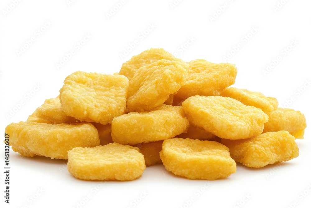 Pile of golden chicken nuggets on a clean white background, ideal for food advertising Pile of golden chicken nuggets on a clean white background, ideal for food advertising