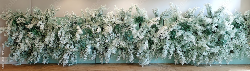 Lush greenery and flowers arranged beautifully on a soft background.