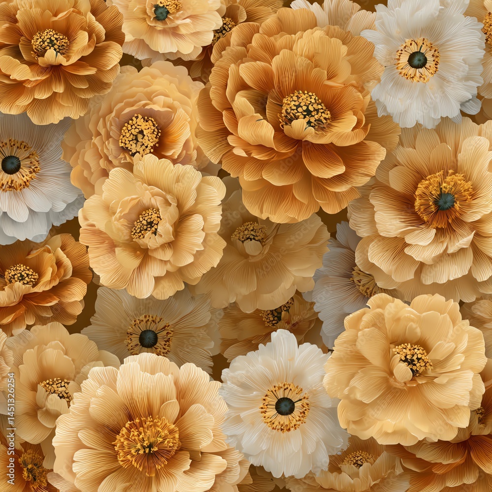 A vibrant array of golden and white flowers, beautifully arranged and detailed.