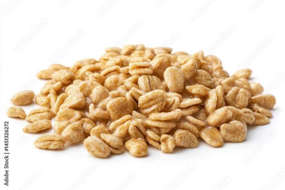 Pile of golden puffed cereal grains on a clean white background, ideal for breakfast marketing Pile of golden puffed cereal grains on a clean white background, ideal for breakfast marketing