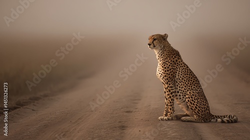 Cheetah sitting on a dirt road, surrounded by misty wilderness.