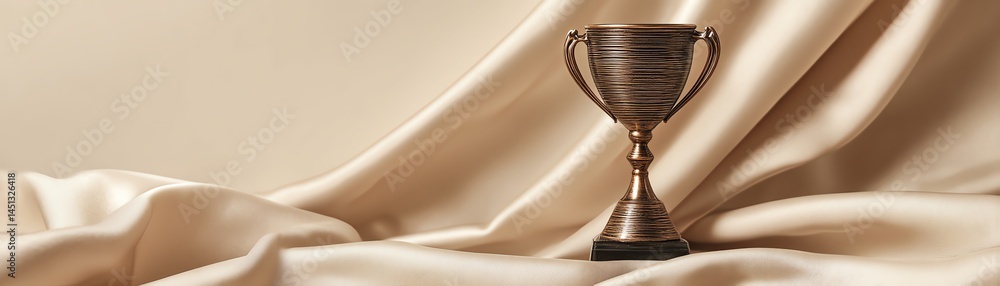 Bronze trophy on elegant cream fabric background.