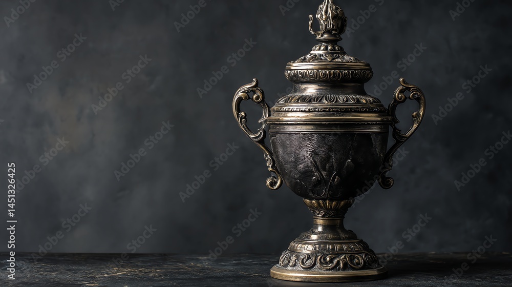 Antique decorative trophy on dark background, elegant design and intricate details.