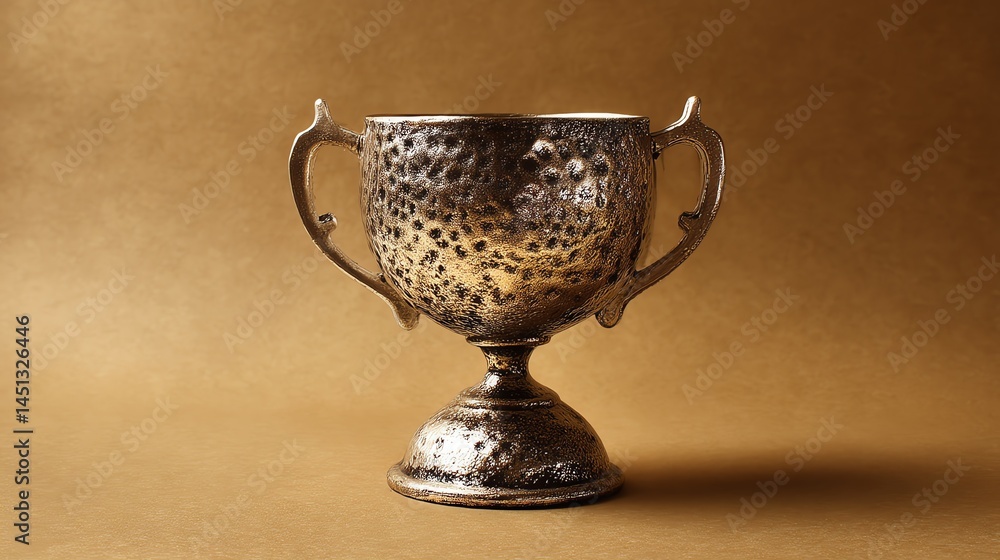Detailed silver trophy on a golden background, symbolizing achievement and success.
