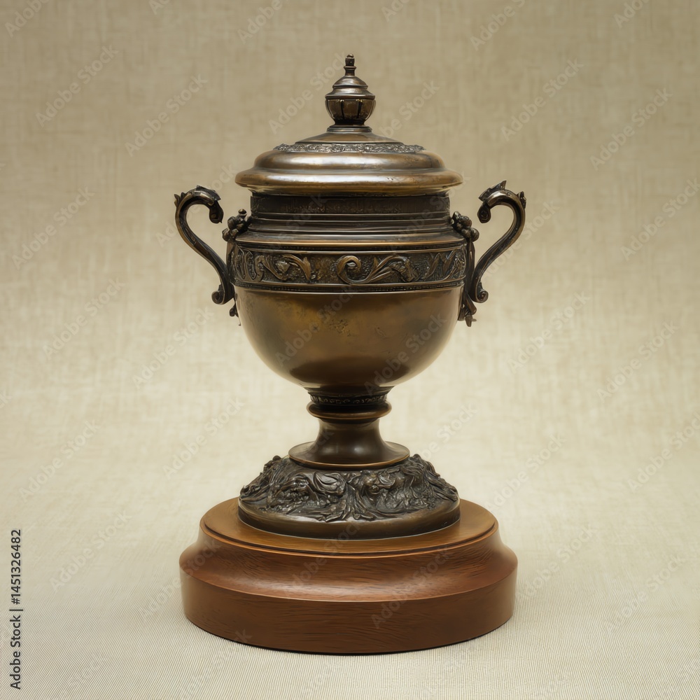 Vintage trophy with intricate details on a wooden base, neutral fabric background.