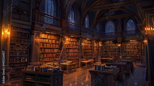 Grand library with dark wood, books, and warm light