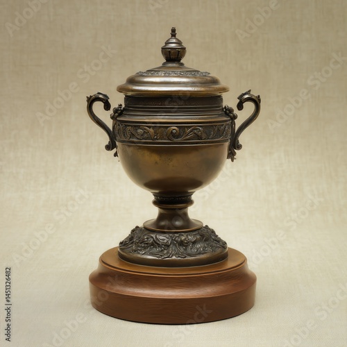 Obraz na płótnie Vintage trophy with intricate details on a wooden base, neutral fabric background. w salonie