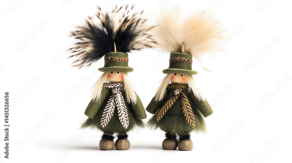 Two decorative dolls with colorful hats and unique feathered accents.