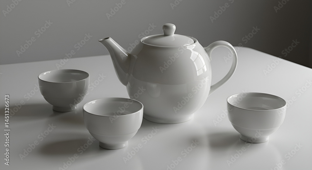 white porcelain teapot with matching cups on a clean white table white porcelain teapot with matching cups on a clean white table