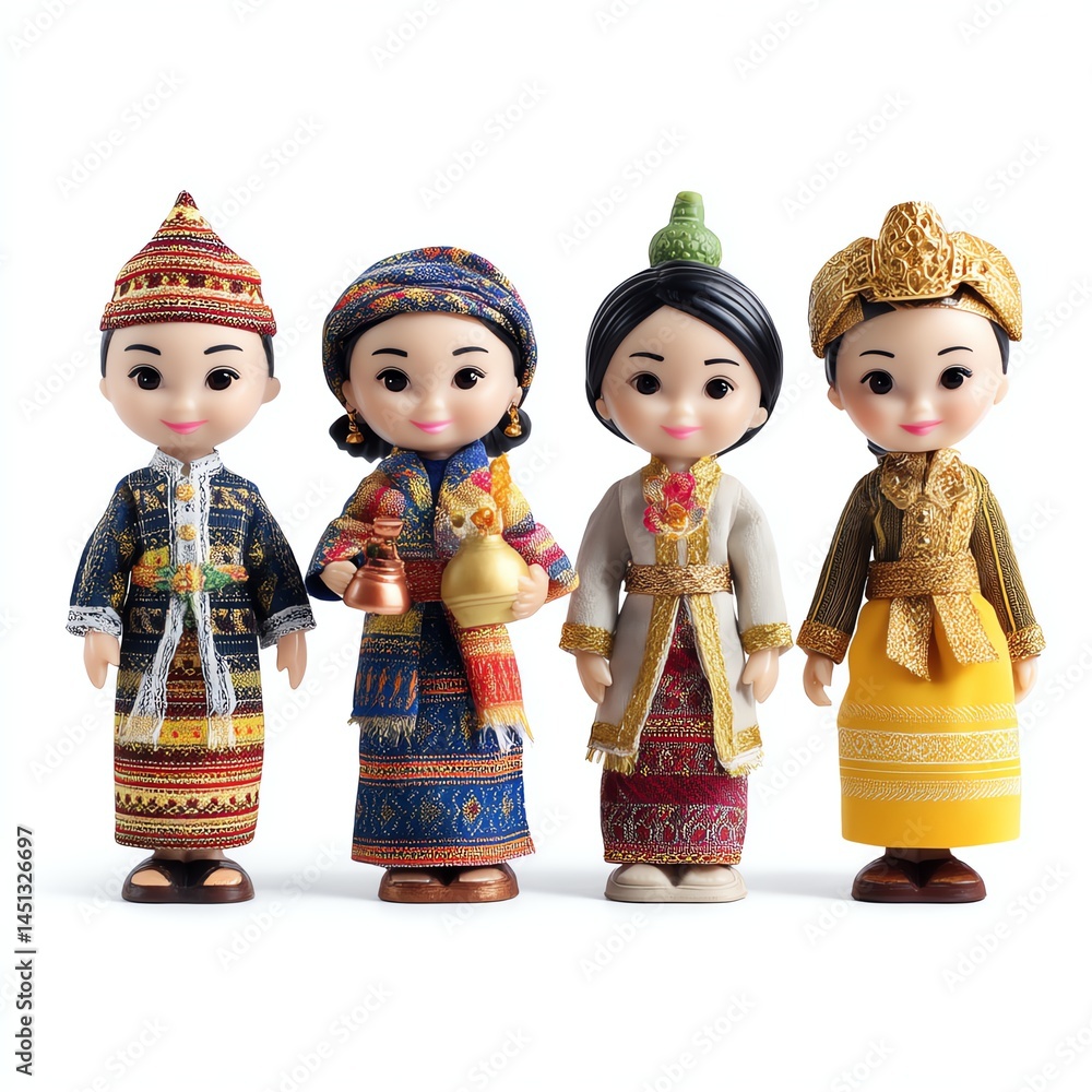Four traditional dolls in colorful outfits, representing diverse cultures.