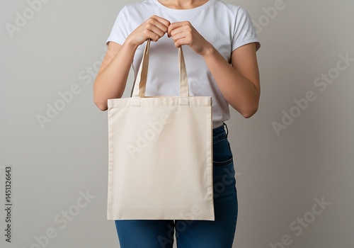 A woman in a white t-shirt holds a simple, blank canvas tote bag against a neutral background, highlighting the bag's design and versatility