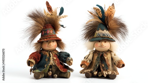 Two whimsical dolls with feathers and colorful attire on a white isolated background.