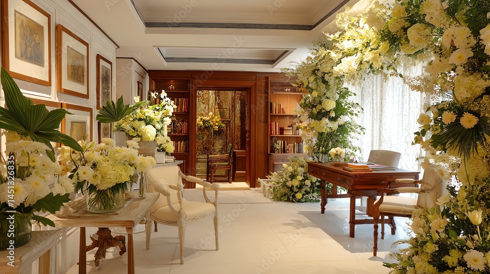 Elegant interior floral decoration with natural light and stylish furniture.