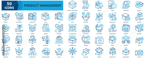 Product Management Icon Collection Set. Containing Strategy, Launch, Trend, Evaluation, Research, Product, Optimization, Estimation, Sales, Production Icon. Dualtone Outline Style