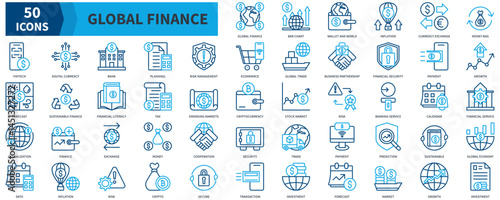 Global Finance Icon Collection Set. Containing Inflation, Exchange, Growth, Financial Service, Global Economy, Investment, Bank, Risk Management Icon. Dualtone Outline Style