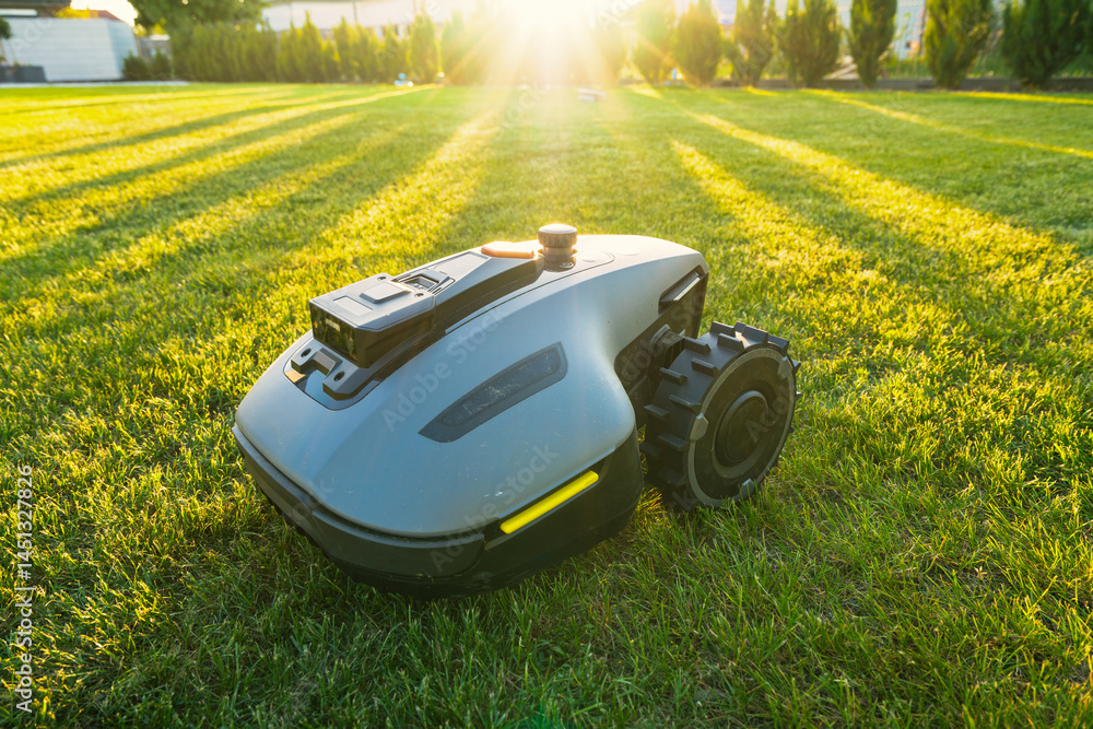 Robotic lawn mower on grass, side view withs unset flare