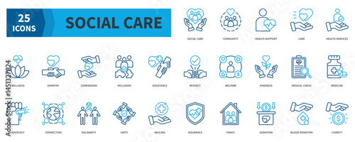 Social Care Icon Collection Set. Containing Social Care, Community, Health Support, Empathy, Compassion, Solidarity, Respect, Donation Icon. Dualtone Outline Style