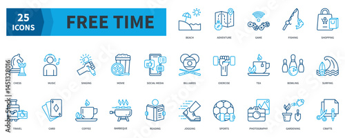 Free Time Icon Collection Set. Containing Beach, Adventure, Game, Fishing, Shopping, Music, Movie, Travel, Sports Icon. Dualtone Outline Style