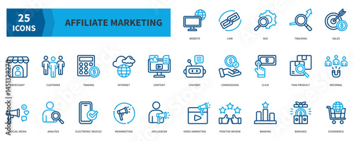 Affiliate Marketing Icon Collection Set. Containing Website, Link, Seo, Tracking, Sales, Merchant, Customer, Social Media, Commissions, Referral Icon. Dualtone Outline Style