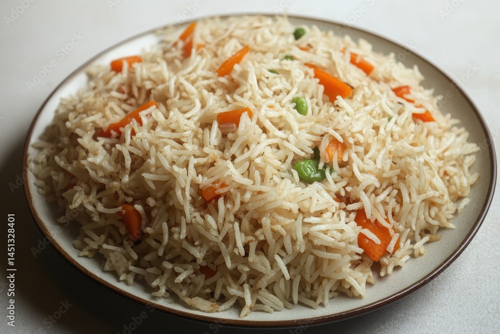 Plate of fragrant vegetable fried rice with colorful carrots and peas on a neutral background Plate of fragrant vegetable fried rice with colorful carrots and peas on a neutral background