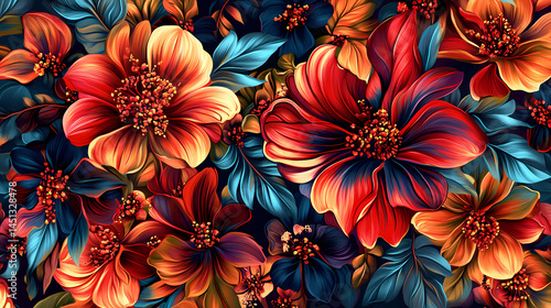 Whispers of the shameless bloom, it evokes a sense of bold beauty and vibrant patterns. [Fractal Eden] | Patterned Vines | repeating flora. Illustration