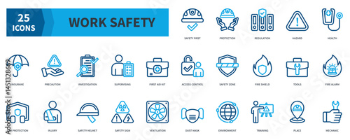 Work Safety Icon Collection Set. Containing Safety First, Protection, Regulation, Hazard, Health, Insurance, First Aid Kit Icon. Dualtone Outline Style