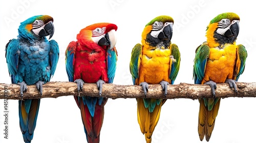 Four colorful macaws perched on a branch against a bright white background in a studio shot