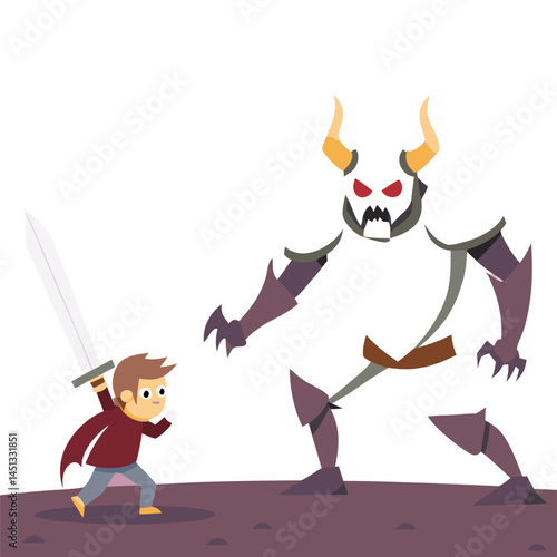 Brave young warrior confronts towering horned monster in spirited combat scenario