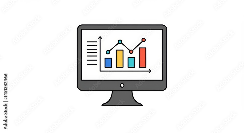 Stylized desktop computer displaying financial data analysis with vibrant charts Stylized desktop computer displaying financial data analysis with vibrant charts