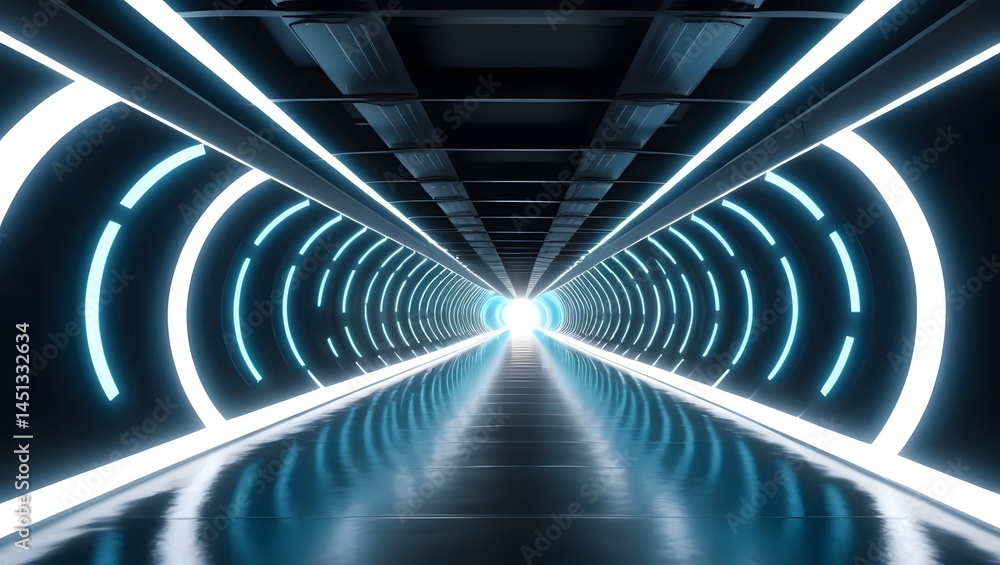 Futuristic Tunnel with Neon Lights and Reflections in Perspective Futuristic Tunnel with Neon Lights and Reflections in Perspective