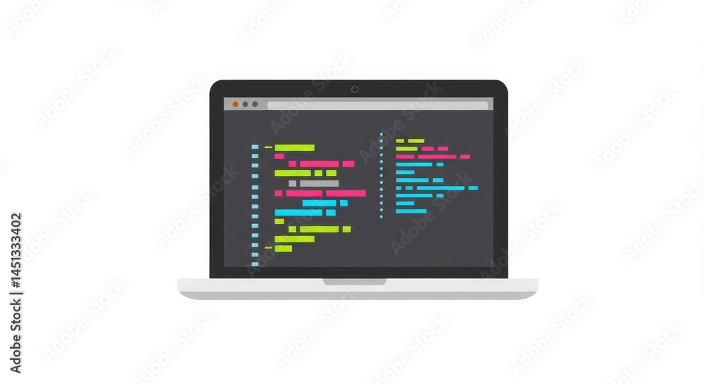 Flat Design Laptop Displaying Lines of Code Emphasizing Software Development Flat Design Laptop Displaying Lines of Code Emphasizing Software Development