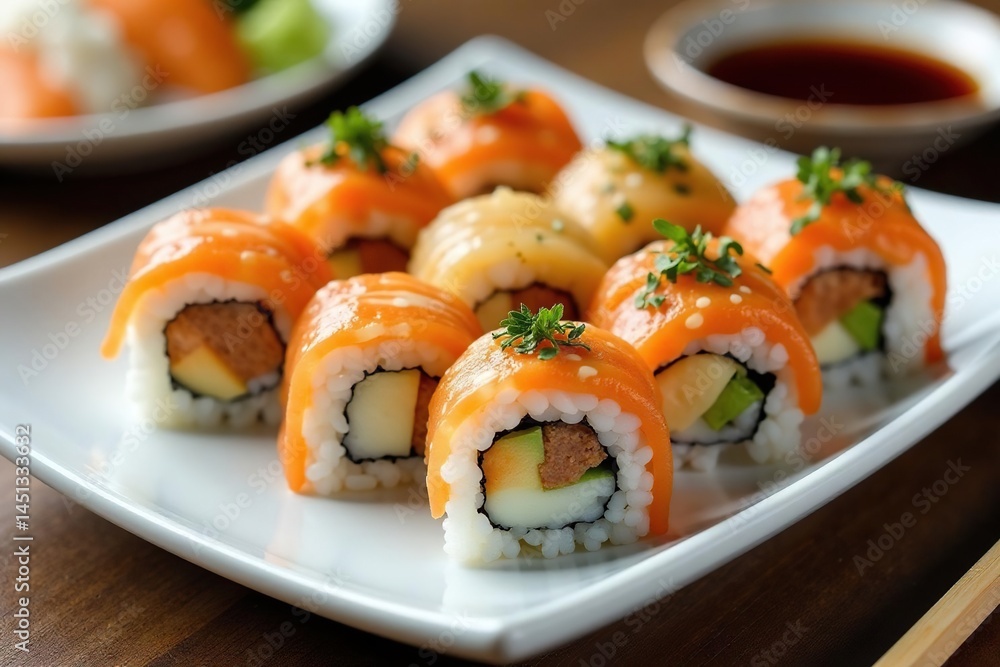 Various sushi rolls on white plate, soy sauce dish, wasabi, nigiri, sashimi Various sushi rolls on white plate, soy sauce dish, wasabi, nigiri, sashimi