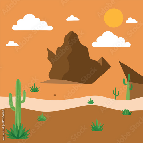 Stylized arid landscape with towering peaks, desert flora, and warm sun