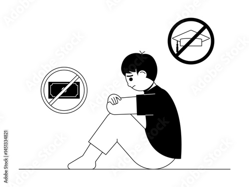Child sits sadly because he cannot continue his education due to financial constraints. Social issue vector illustration. Black and white  style. Flat and outline illustration concept.