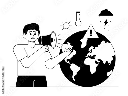 Extreme hot weather warning with high temperature and thunderstorm. Social issue vector illustration. Black and white  style. Flat and outline illustration concept.