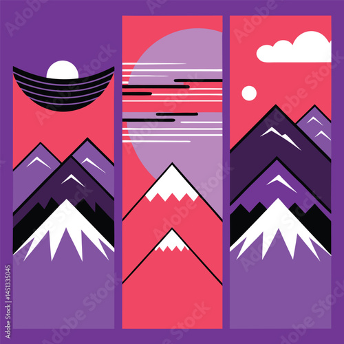 Abstract mountain range scenery in purple and pink minimalistic style graphics