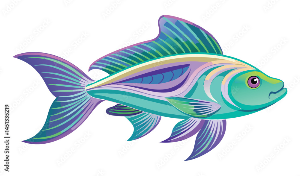 Fototapeta premium Vector illustration of a cute cartoon fish swimming in the ocean, a marine animal from the sea