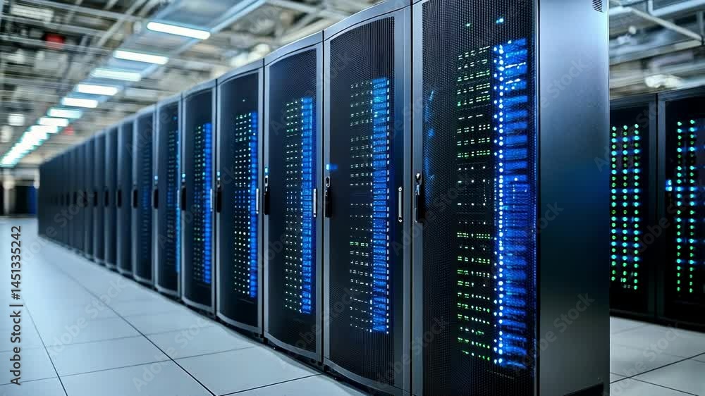A modern data center featuring rows of illuminated server racks. A modern data center featuring rows of illuminated server racks.