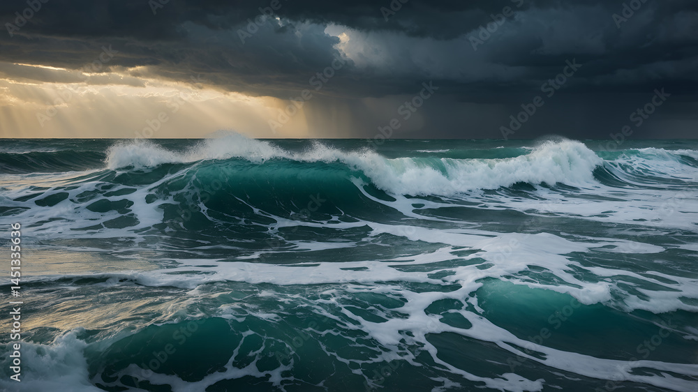 Dramatic Ocean Waves Crashing Under Dark Stormy Clouds Teal Water Sun Rays Dramatic Ocean Waves Crashing Under Dark Stormy Clouds Teal Water Sun Rays