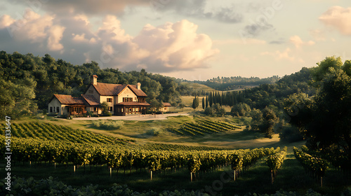  A picturesque vineyard estate with rolling hills and a rustic winery house (2)