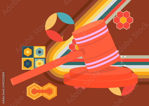 Retro 70s Background with Gavel. Groovy Law 1970s art template. Minimalistic Vintage design poster. Old-fashioned color artwork.