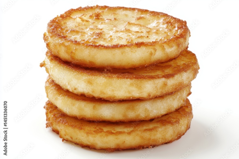 Stack of crispy golden hash browns on a clean white background, perfect for breakfast menus Stack of crispy golden hash browns on a clean white background, perfect for breakfast menus