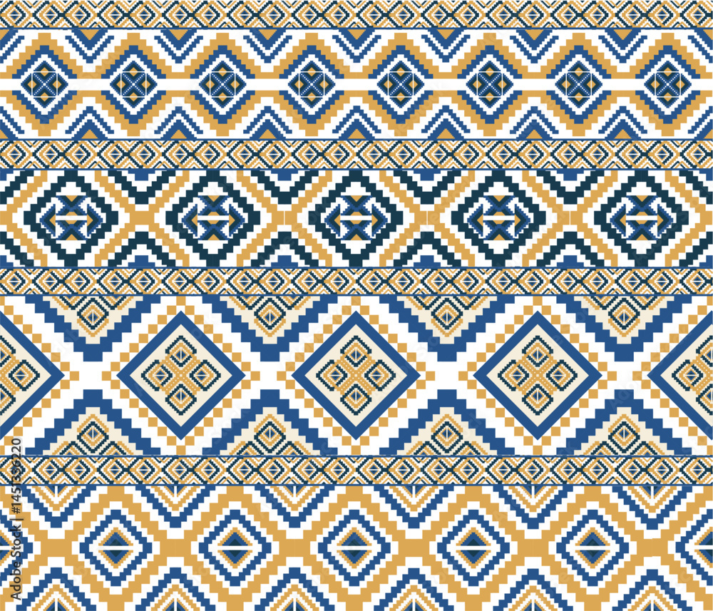 Blue and yellow geometric ethnic tribal pattern for decoration, textile, fabric print, background. Blue and yellow geometric ethnic tribal pattern for decoration, textile, fabric print, background.