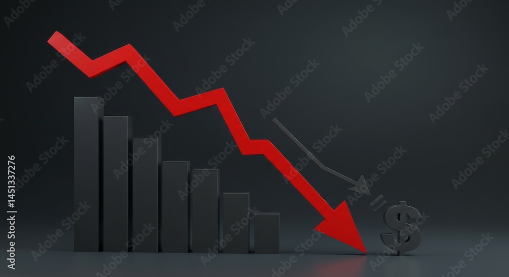 Dramatic decline illustration with a red arrow pointing towards a dollar sign Dramatic decline illustration with a red arrow pointing towards a dollar sign