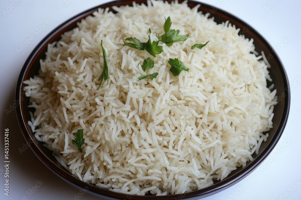Steaming bowl of fluffy white rice garnished with fresh herbs on a clean background Steaming bowl of fluffy white rice garnished with fresh herbs on a clean background