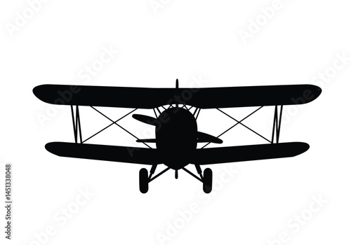 Biplane silhouette. This image shows a front view of a vintage biplane with two wings and a propeller, depicted in black silhouette. Vector clipart illustration design.
