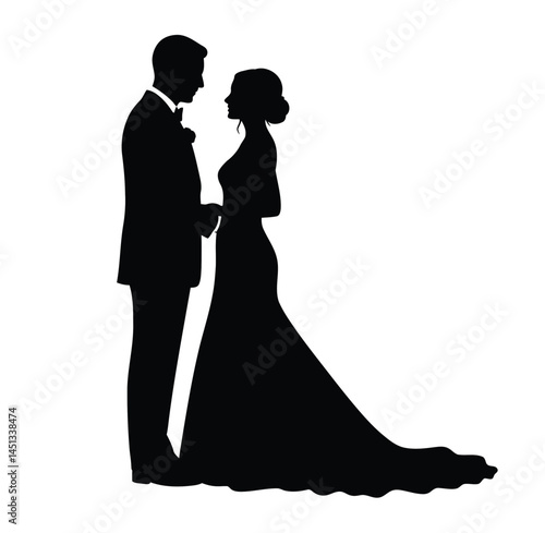 Couple wedding silhouette. This image features a bride and groom standing together in elegant wedding attire, symbolizing love and commitment. Vector clipart illustration design.